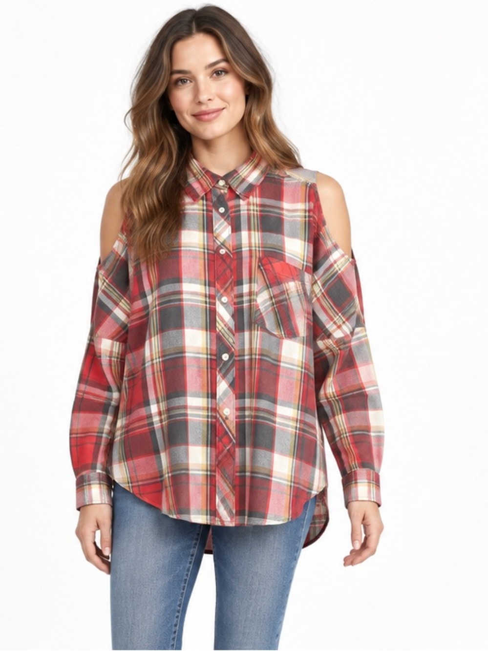 Denim & Supply Ralph Lauren Red Plaid Cold Shoulder Flannel Shirt Women’s M
